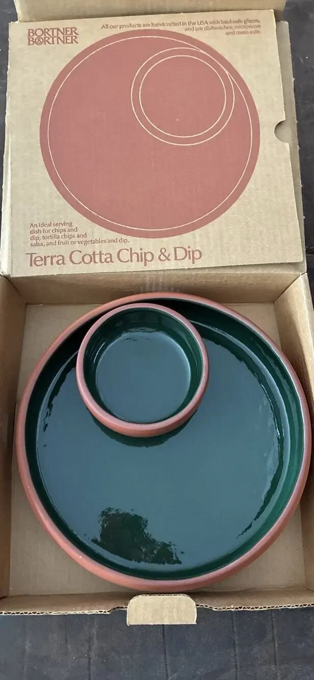 Bortner & Bortner Terra Cotta Unglazed Outside Green Glazed Chip Dip Bowl One Pc